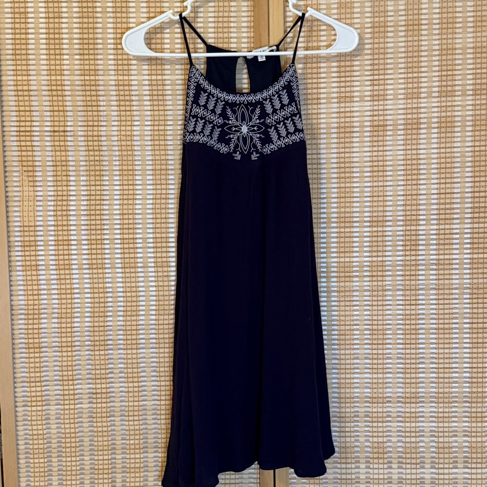 Purple Snow Navy Blue Embroidered Boho Halter Mini Dress Womens Medium Crinkle